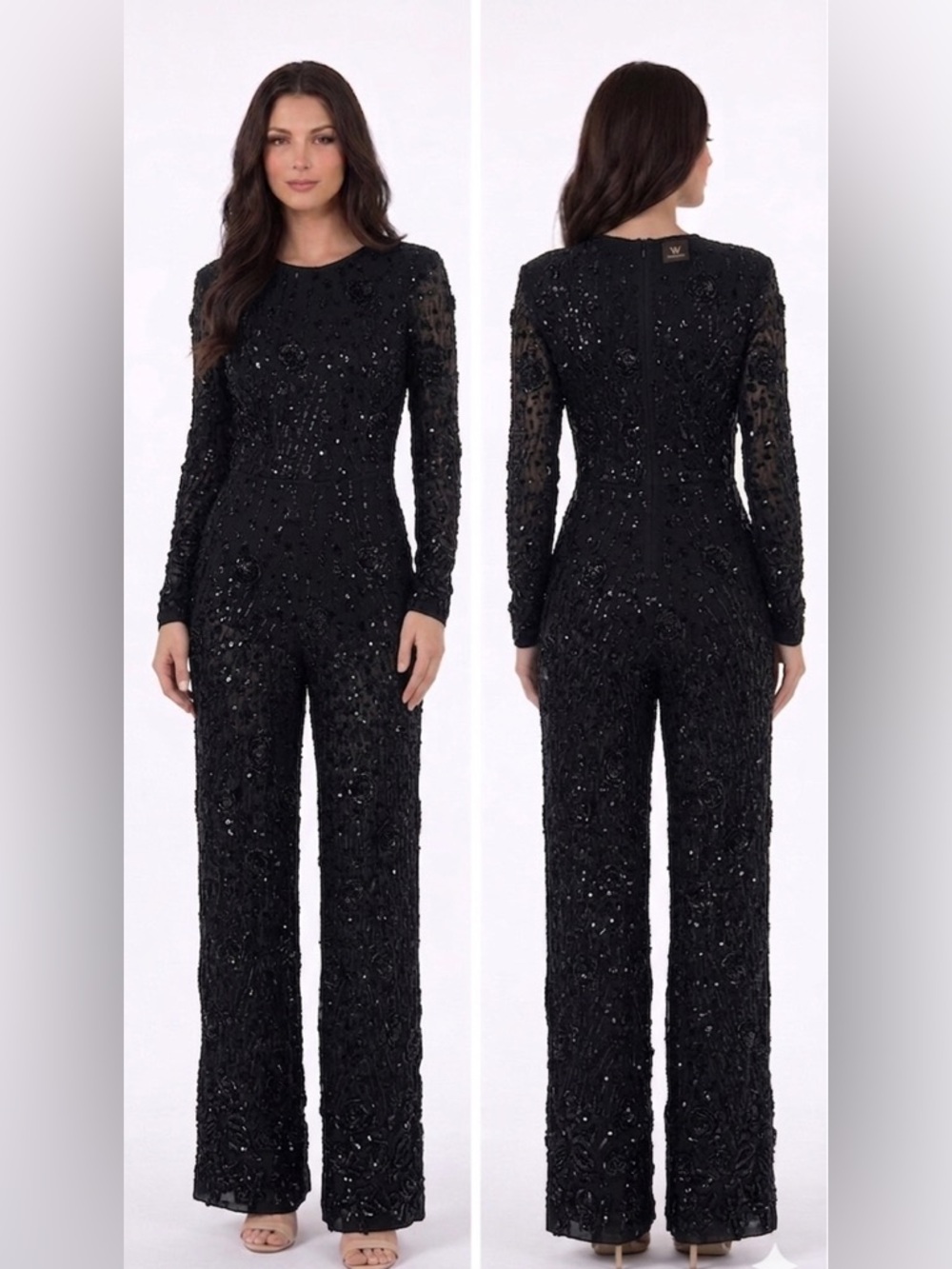 bebe Black Beaded Long-Sleeve Embellished Jumpsuit